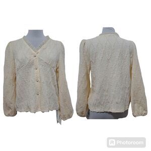J. ING Korean Style Lace Trim V Neck Button Front Blouse Small/Medium Cream NWT